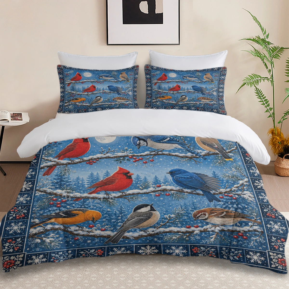 3PCS Winter Bird Duvet Cover Set,Wild Bird Snowy Forest Cabin Snowflake Printed Bedding Set With Pillowcases Soft No Comforter