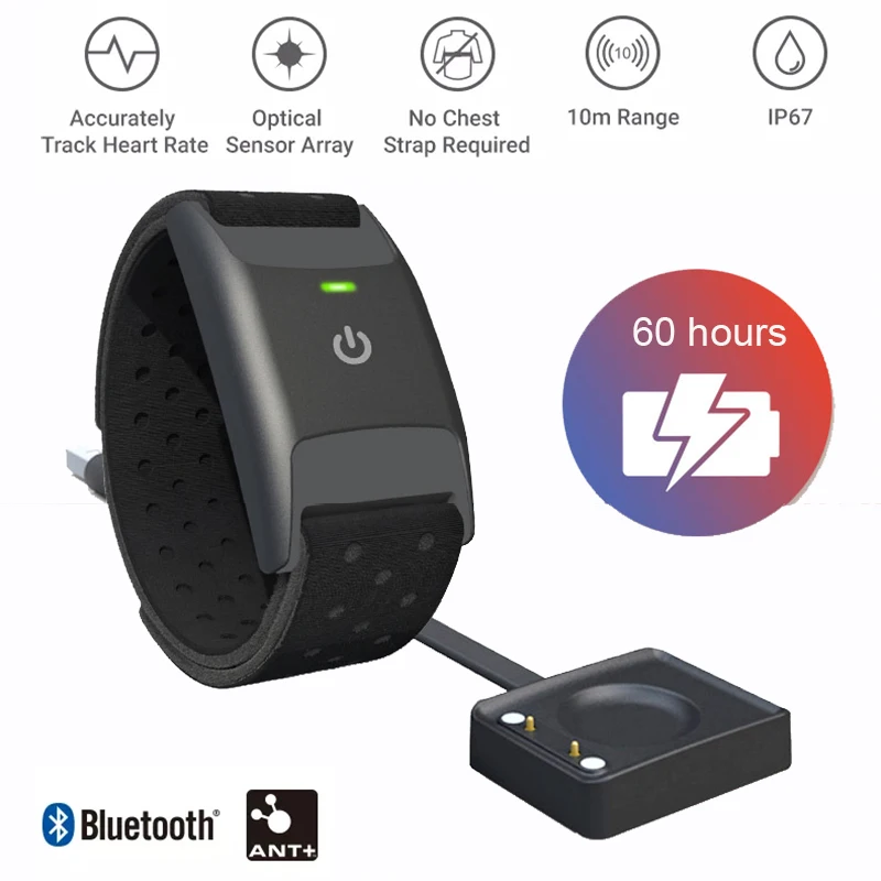 FITCENT ANT + Bluetooth 5.0 Heart Rate Monitor Armband, Rechargeable Optical HR Sensor for Polar Wahoo Garmin Bike Computer