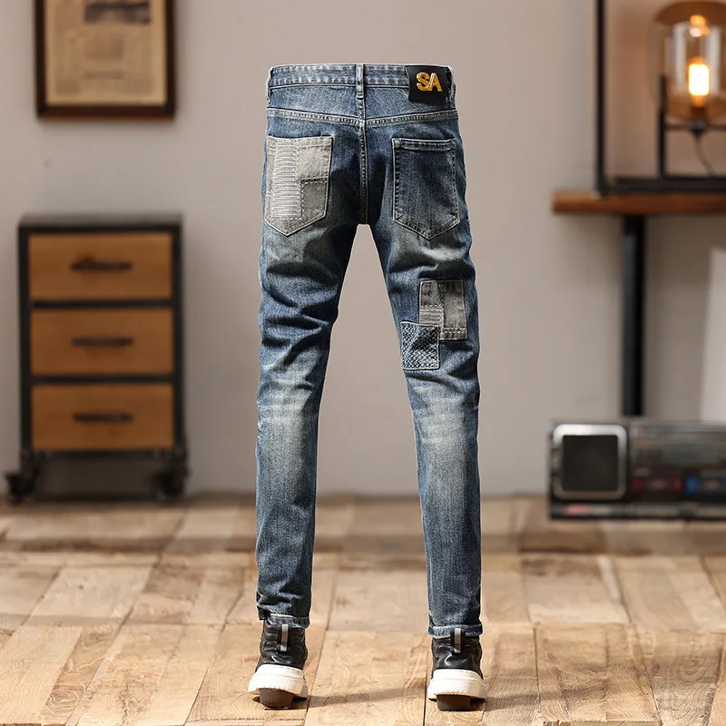 

2024New Jeans Men's Stitching Patchwork Slim Fit Small Straight-Leg Pants Machine Embroidery Pu Shuai Personality Trousers