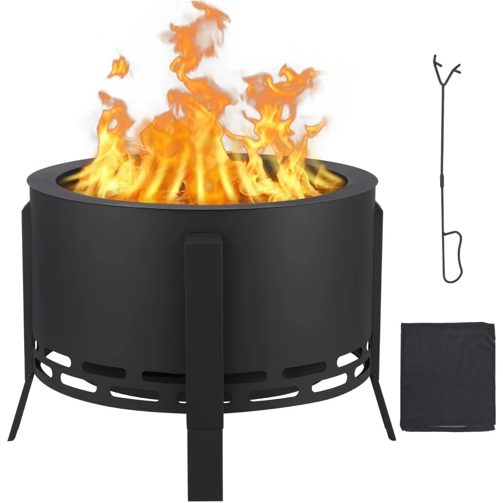 

26 Inch Smokeless Fire Pit Outdoor - Outside Wood Burning with 360° Airflow, Removable Ash Pan & Bamboo Lid Rainproof Cloth - Lo