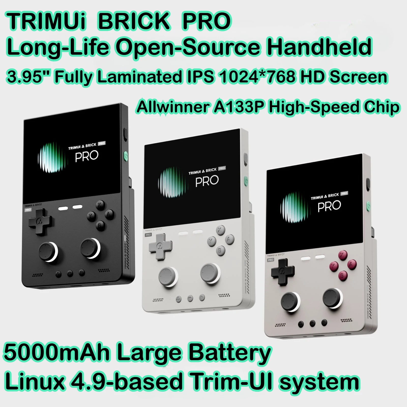 جهاز ألعاب محمول ريترو TRIMUI BRICK PRO بشاشة IPS مقاس 3.95 بوصة، واي فاي/بلوتوث، عصا تحكم مزدوجة وإضاءة RGB للألعاب الكلاسيكية