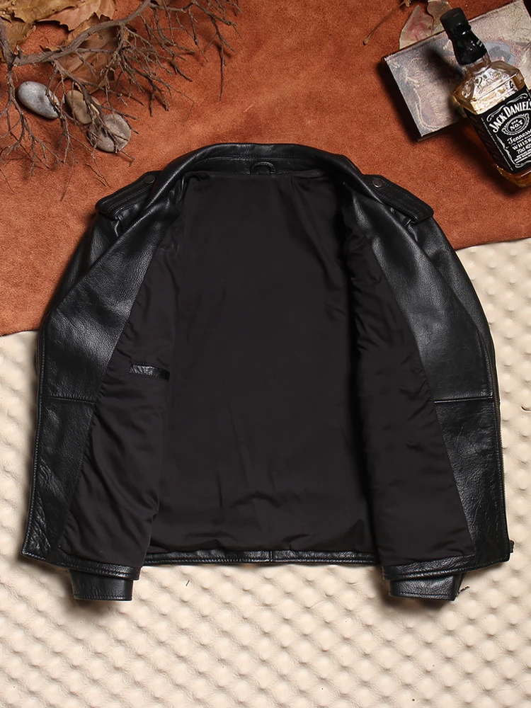 

Urban Baron Men's Genuine Top Layer Cowhide Leather Jaet Motorcycle Riding Clothes Thiened Biker Harlequin Winter Coat