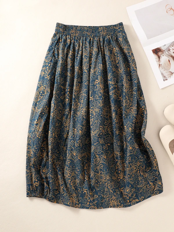 

Summer Large Size Retro Floral Print Cotton Half Skirt Women's A-Line Midi Skirt Comfortable Breathable Casual Commute Skirt