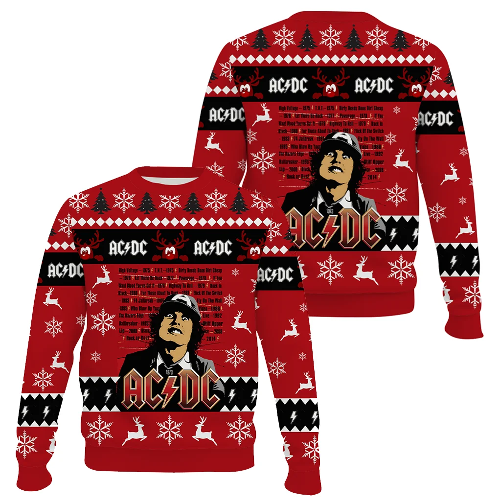 Nouveau pull moche de noël, AC DC BAND Rock populaire flocons de neige de noël mode festival drôle dessin animé créatif vêtements pour hommes