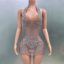 Flashing Rhinestone Sexy See-Through Backless Transparent Sheath Mini Dress Birthday Celebrate Costume Women Dancer Prom Outfit