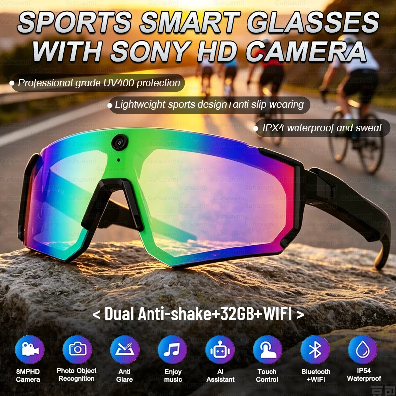 

New AI Smart Glasses Camera 1200P Video 4K Anti-shake Cycling Ridi Sports glasses Translation ChatGPT Dual Mic Windproof Goggle