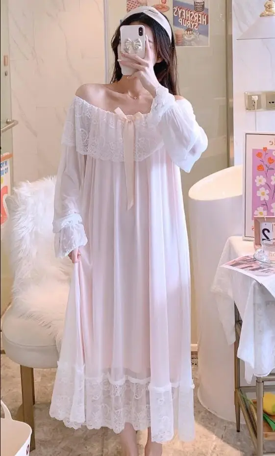 Women's Sweet Lace Long Sleeve Nightdress Loose Princess Style Gauze Nightgown Home Wear Spring Summer Palace Theme 3