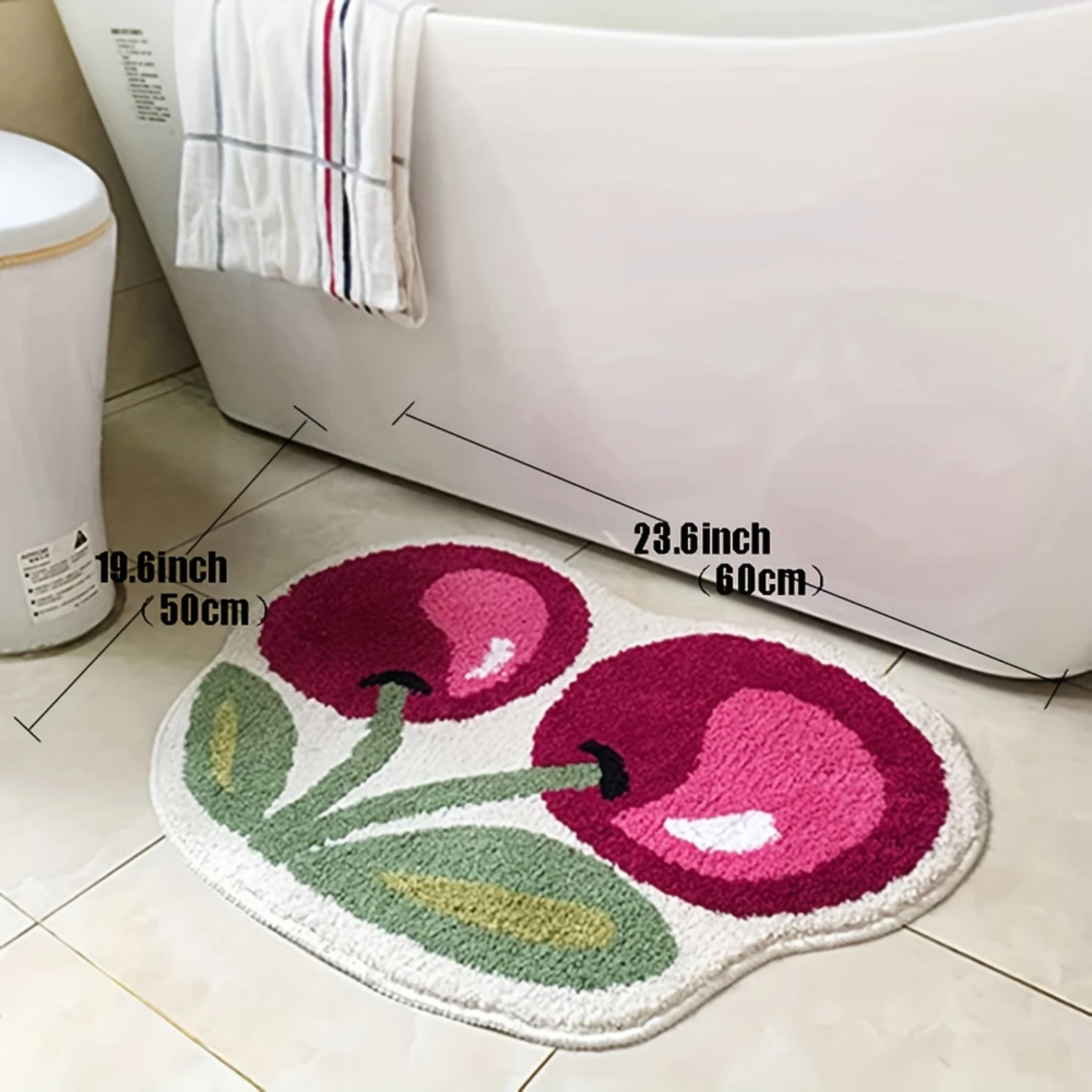 Alfombra de baño de terciopelo esponjoso en forma de cereza, antideslizante, lavable a máquina, bonita alfombra para puerta de baño, almohadilla para pies de ducha - 19,6x23,6"