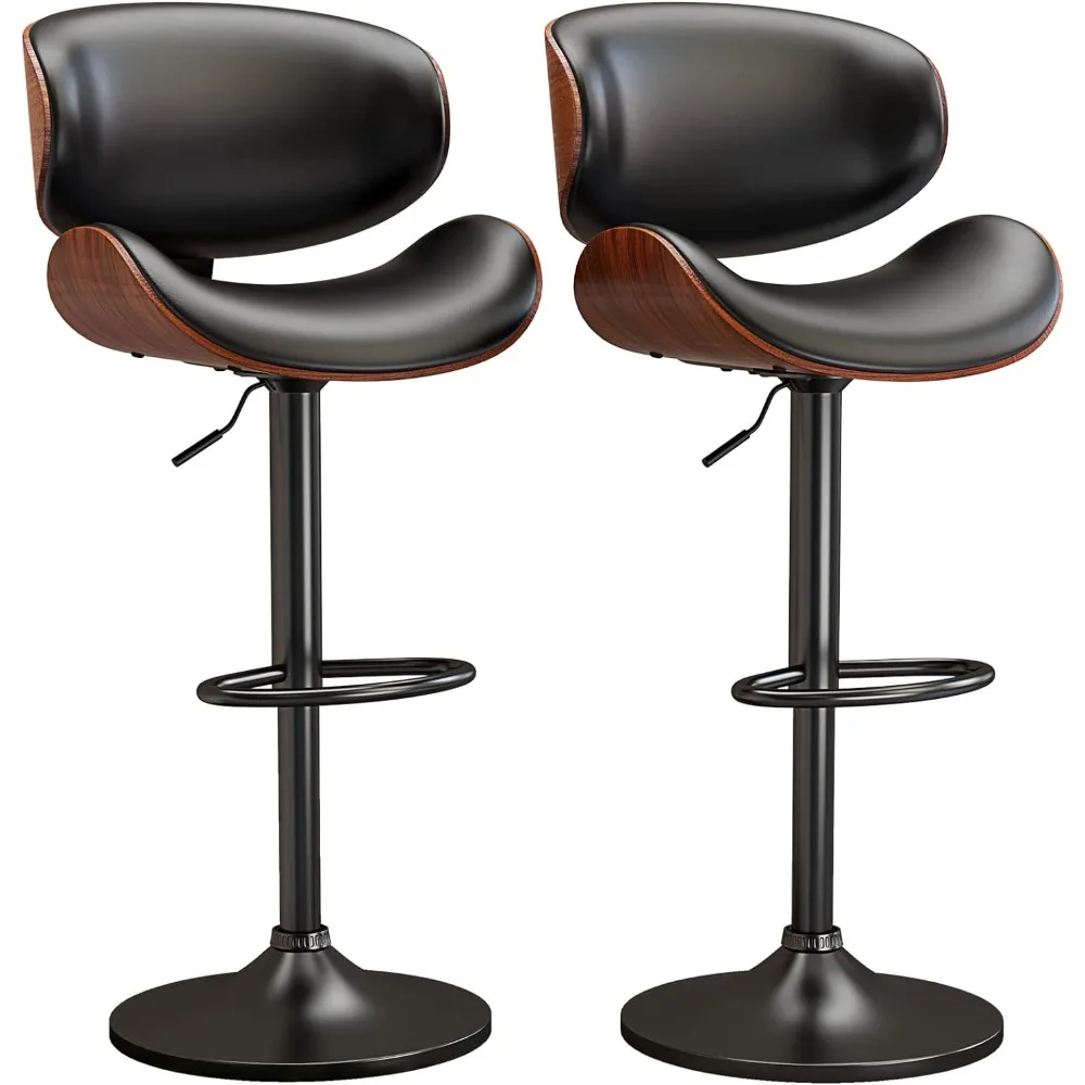 Stools Set of 2 for Kitchen Counter, Adjustable Bentwood Barstools, Modern PU Leather Upholstered Bar Chair with Back