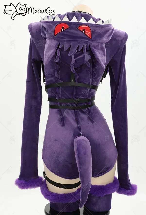 2025 Costume cosplay Genga da donna Halloween Viola Fantasma Pagliaccetto Body Peluche con cappuccio e calzini con cintura e coda