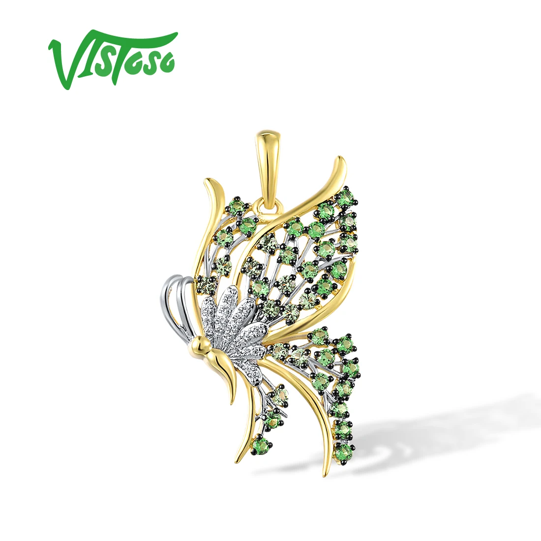 VISTOSO Authentic 14K 585 Yellow Gold Pendant For Women Sparkling Diamonds Green Garnet Butterfly Cute Party Gifts Fine Jewelry