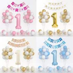 One Year Old Girl Boy Birthday Pink Blue Metallic Confetti Balloon Garland Set Birthday Pull Flag Wedding Shower PartyDecoration