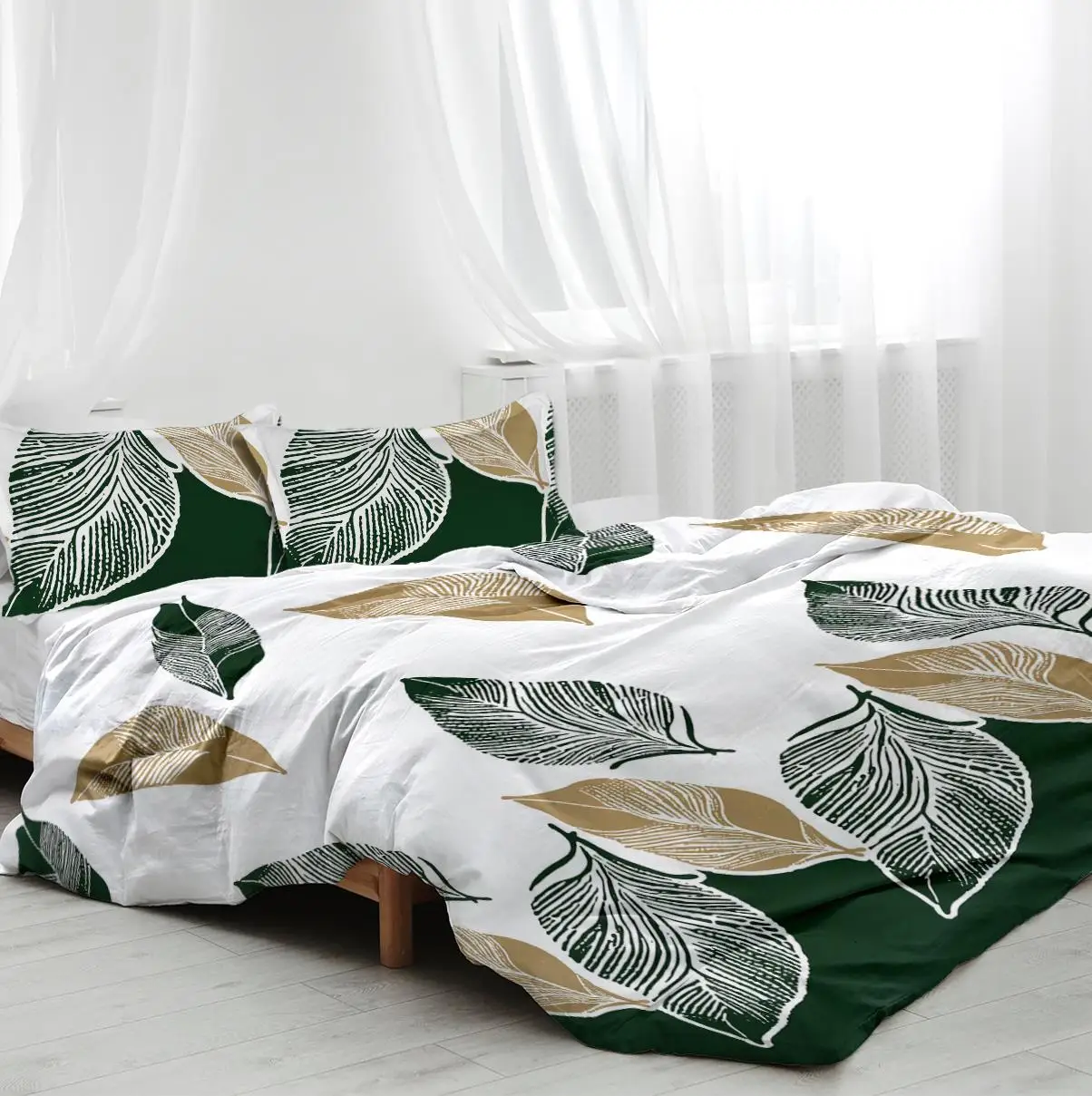 3Pc King Size Green Gold Tropical Duvet Cover Set - Botanical Palm Leaves Microfiber Bedding with 2 Pillowcases