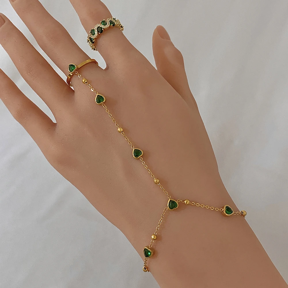 Elegant Green Zircon Heart Beads Chain Bracelets for Women Link Connected Stainless Steel Gold Plated Finger Ring Bracelet