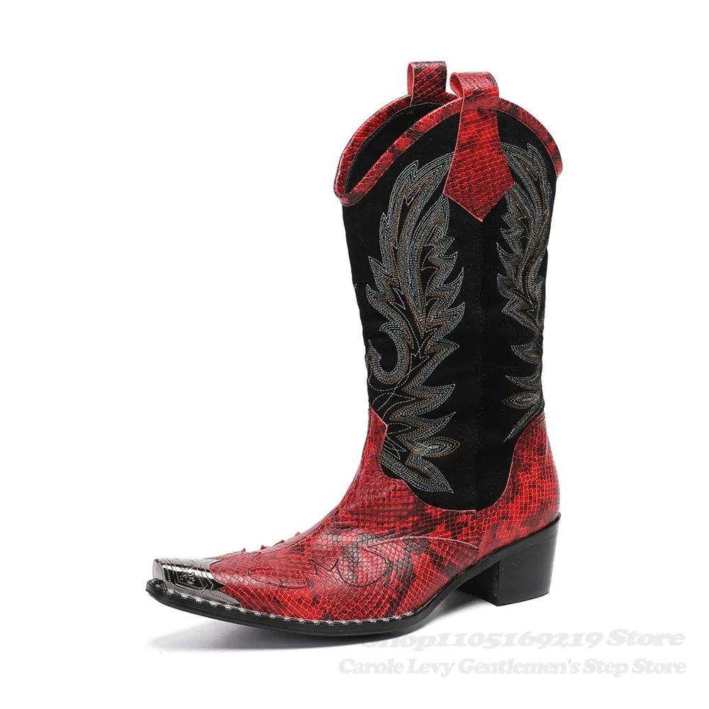 Red Snake Pattern Crystal Print Patchwork Knee High Boot Men Iron Pointed Toe Chunky Heel Western Nightclub Runway Long Boots view 4