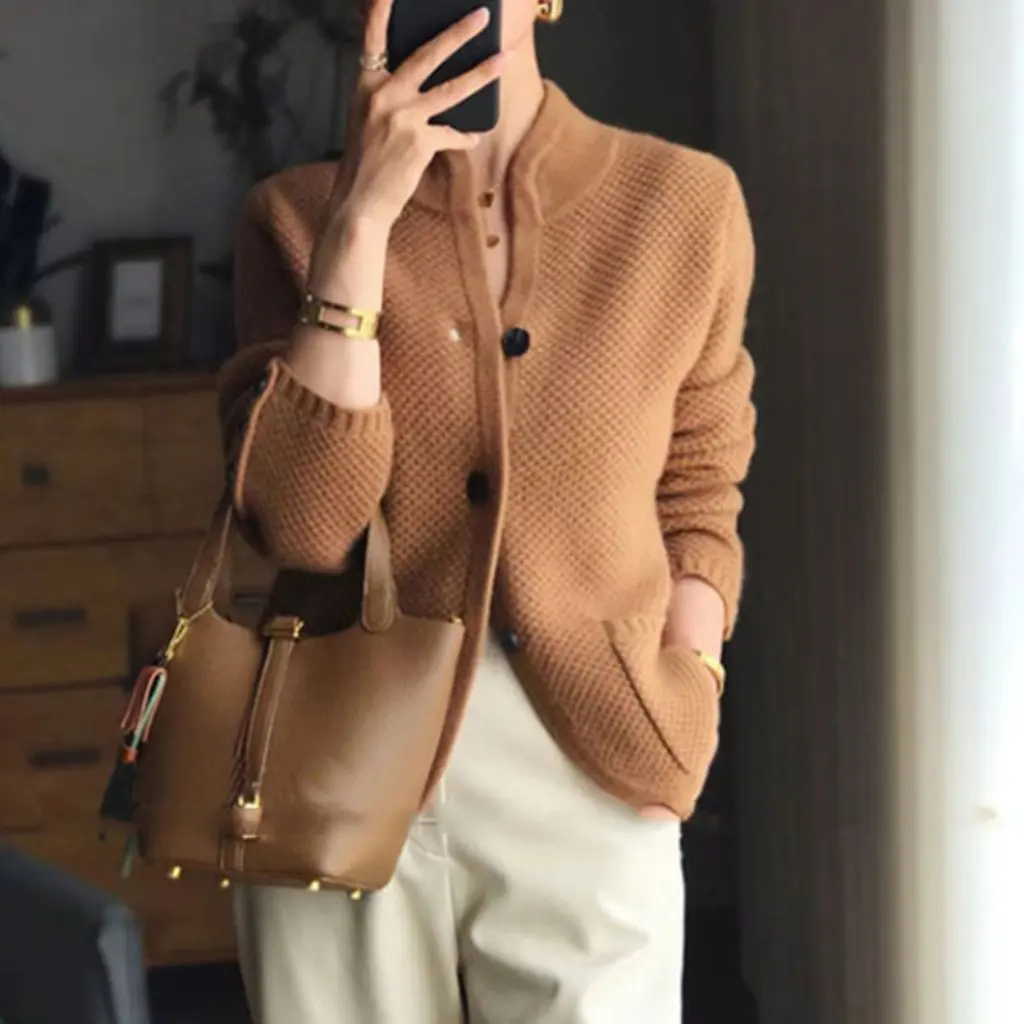 

Women's Japanese Style Knitted Cardigan Stand-Up Collar Loose Elegant Casual Sweater Autumn Winter Outerwear