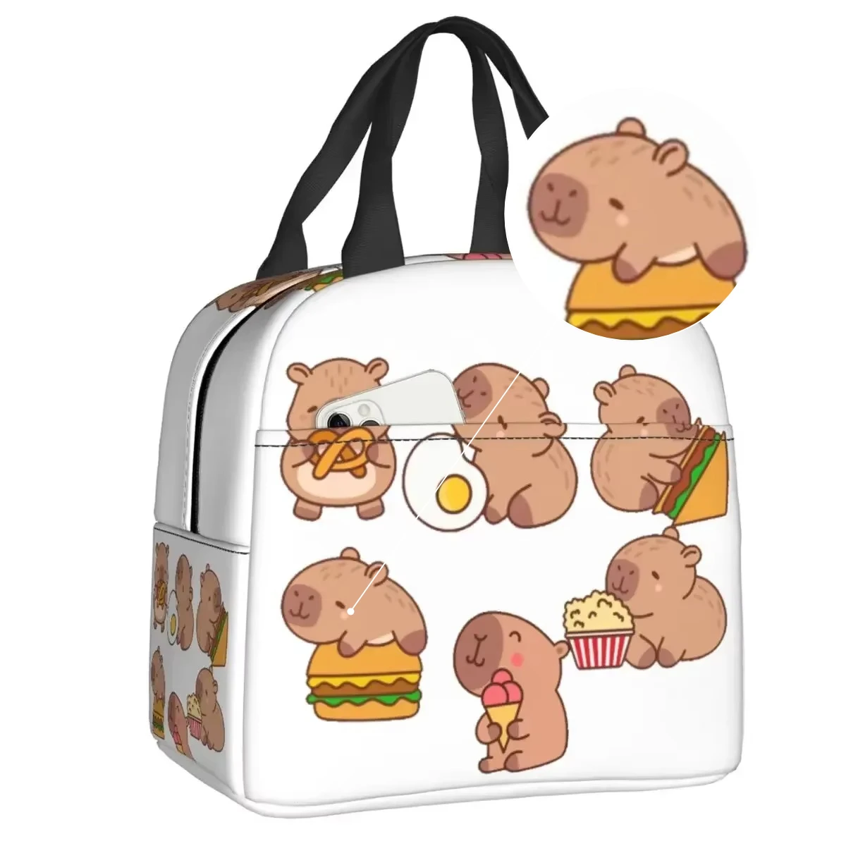 Custom Capybara Resuable Lunch Box Women Waterproof Cooler Thermal Food Insulated Lunch Bag School Children Student