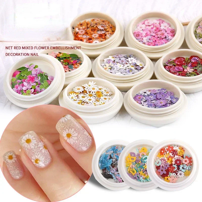 Ultra-fino prego flor patch, polpa de madeira, cor misturada decoração, pequena margarida rosa, Nail Art acessórios, DIY, 50pcs por caixa