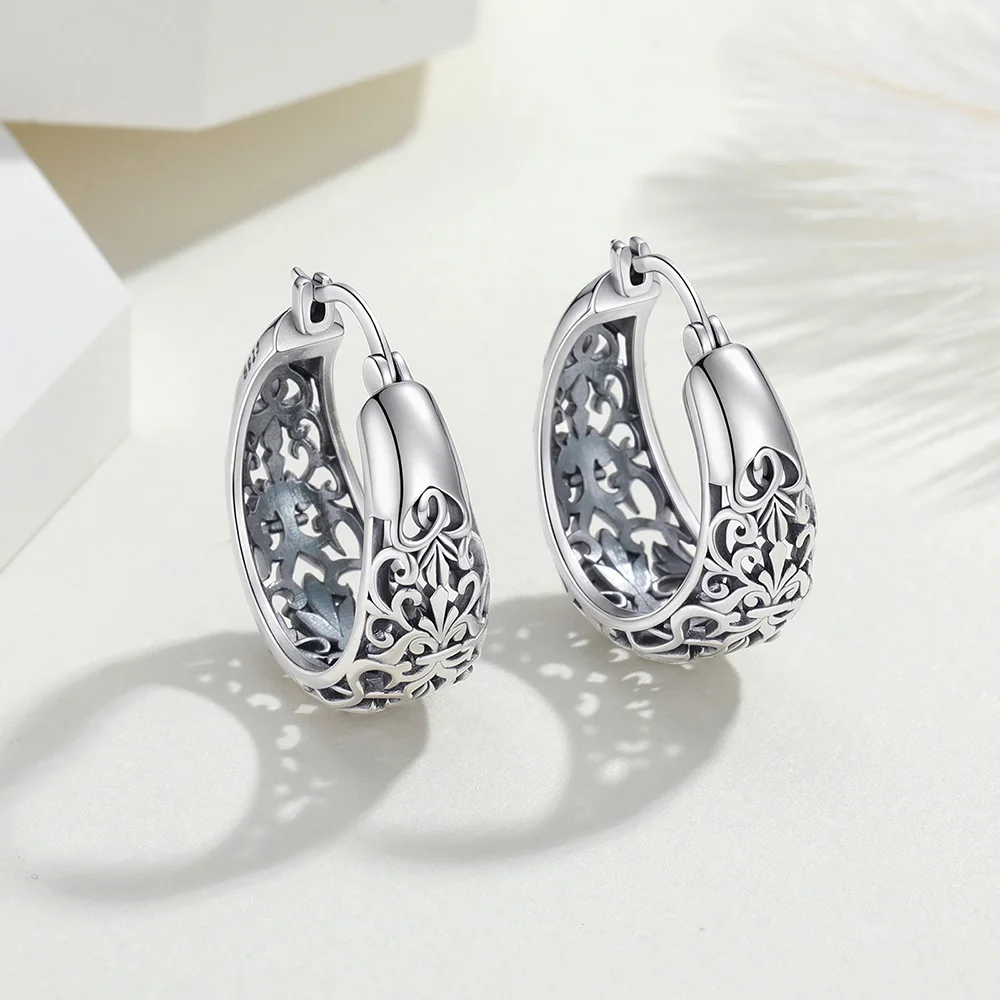 925 Sterling Silver Scroll Grass Pattern Large Hoop Earrings Women's Jewelry Elegant Daily Wear Love Gifts Fashion Stud Earring