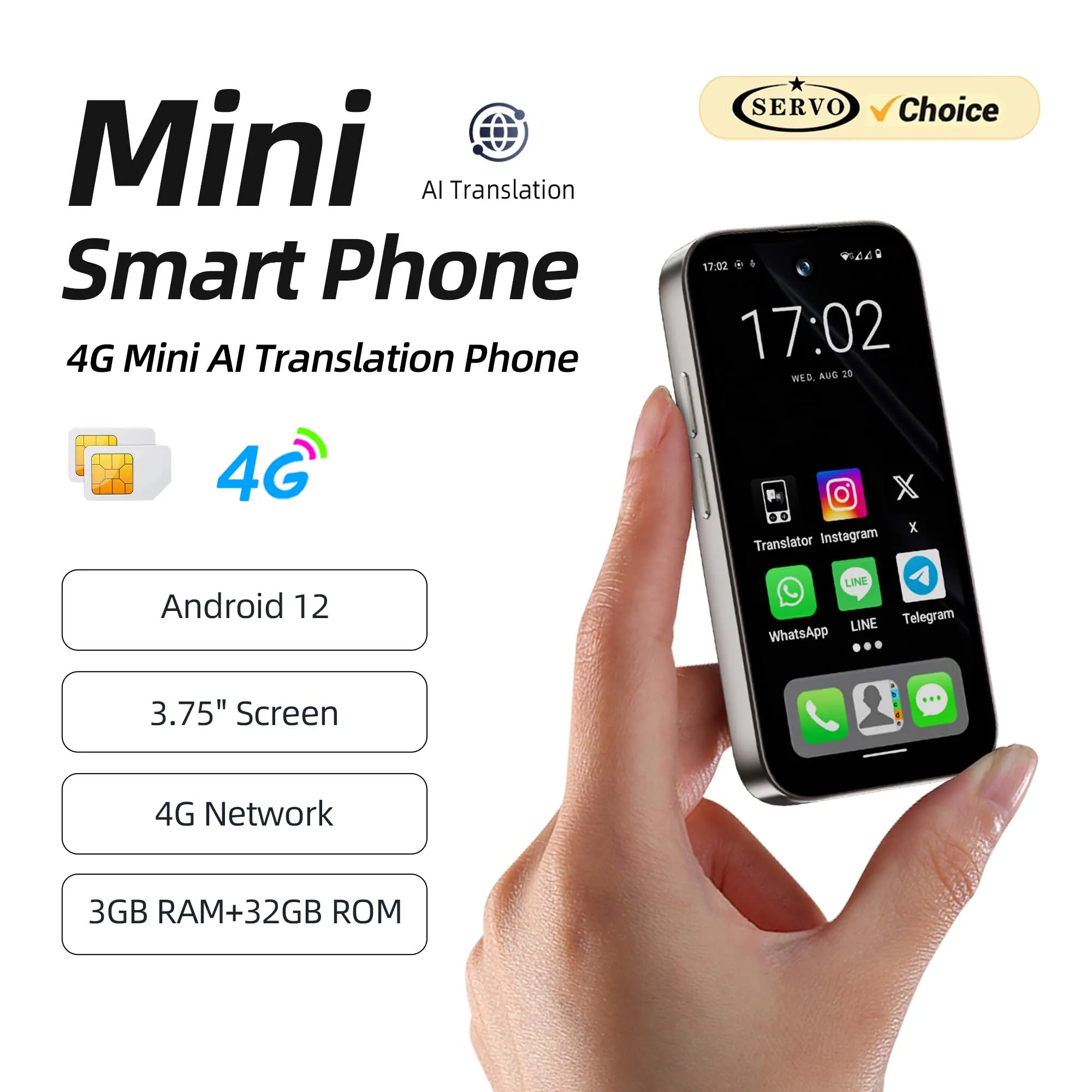 SERVO A1 PRO Unlocked Mini 4G Smartphone Android 12 3GB 32GB AI Translator Face ID Dual SIM 8MP Camera Play Store Pocket Phone