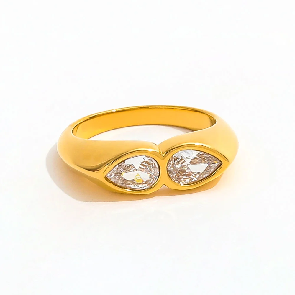 

Joolim Jewelry Wholesale High End PVD Waterproof&No Fade Fashion Classic Double Teardrop Zirconia Stainless Steel Ring for Women