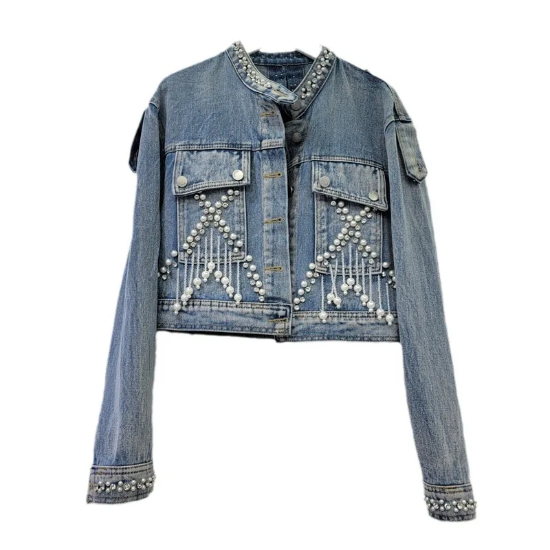 Giacca di jeans con nappe di diamanti tempestati di perle in stile europeo per le donne 2024 nuovo Design autunnale con Top Coat in Denim scavato sul retro