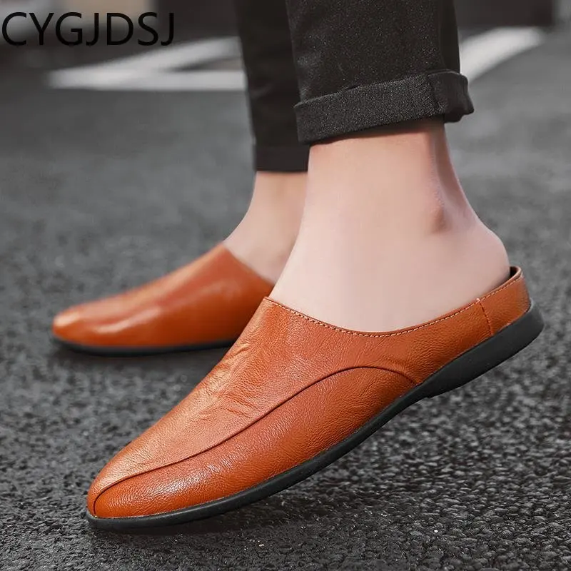 Slippers Men Luxury Casuales Leather Mules Homme Slippers for Men Half Shoes for Men Slippers Luxury Designer тапочки для дома