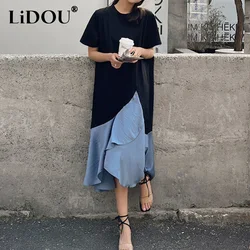 Summer Round Neck Asymmetrical Tshirt Dress Women Contrast Color Patchwork Oversize Loose Casual Midi Dress Fake Two Pieces Robe