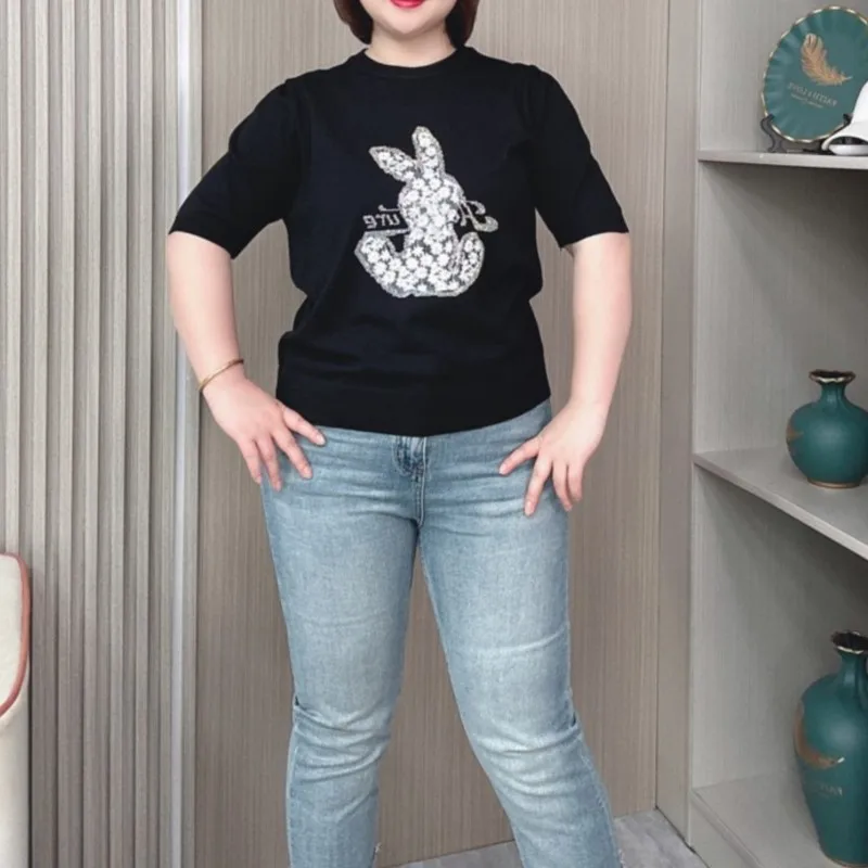 Thin Casual Rabbit Beaded Short Sleeve T-shirt Fashion Ice Knit Top For Women, Plus Size, Summer 2024