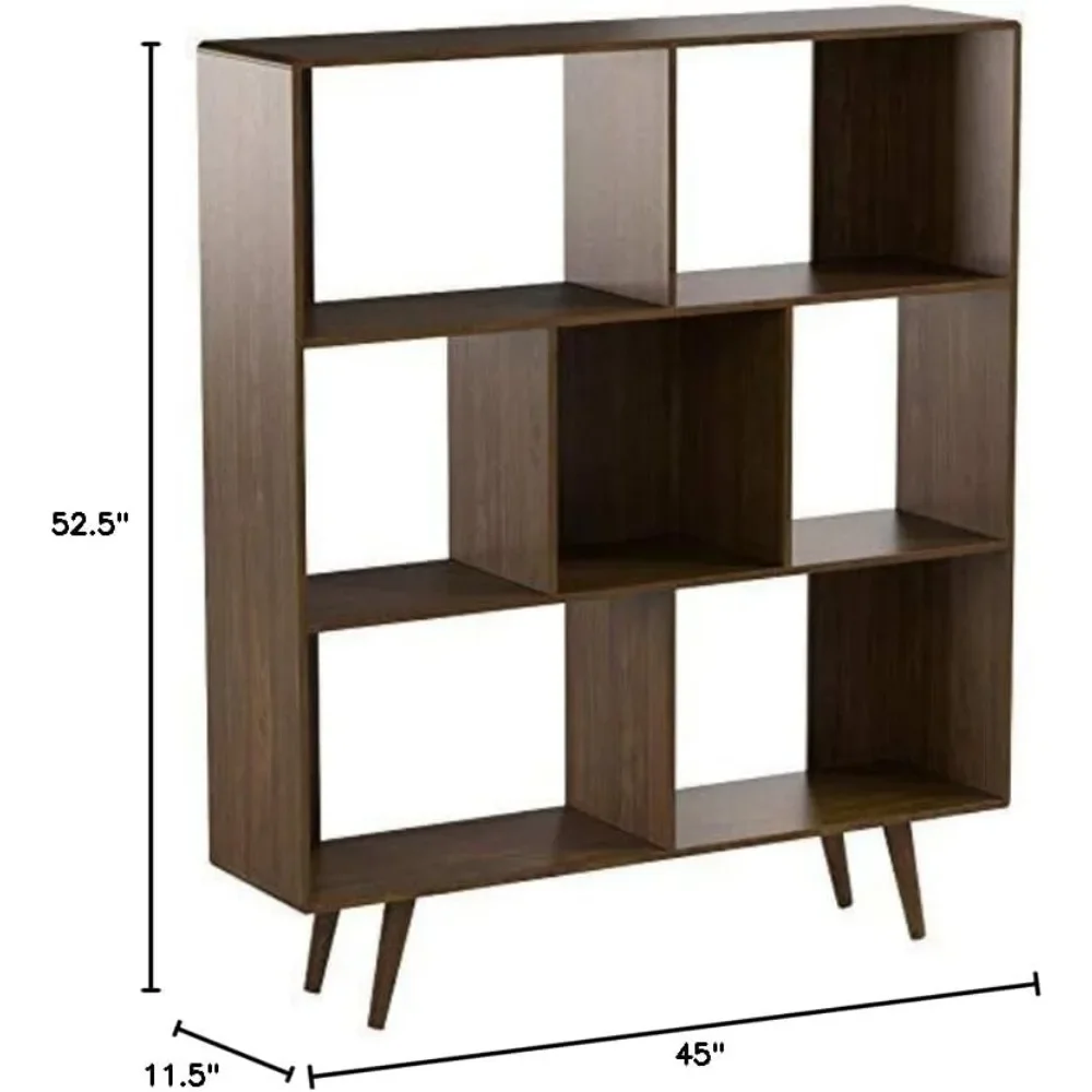 Transmit Mid-Century Offset Cube Wood 7 Tier Bookcase in Walnut Bookshelf for Books Storage Shelf Wardrobe Furniture Living Room