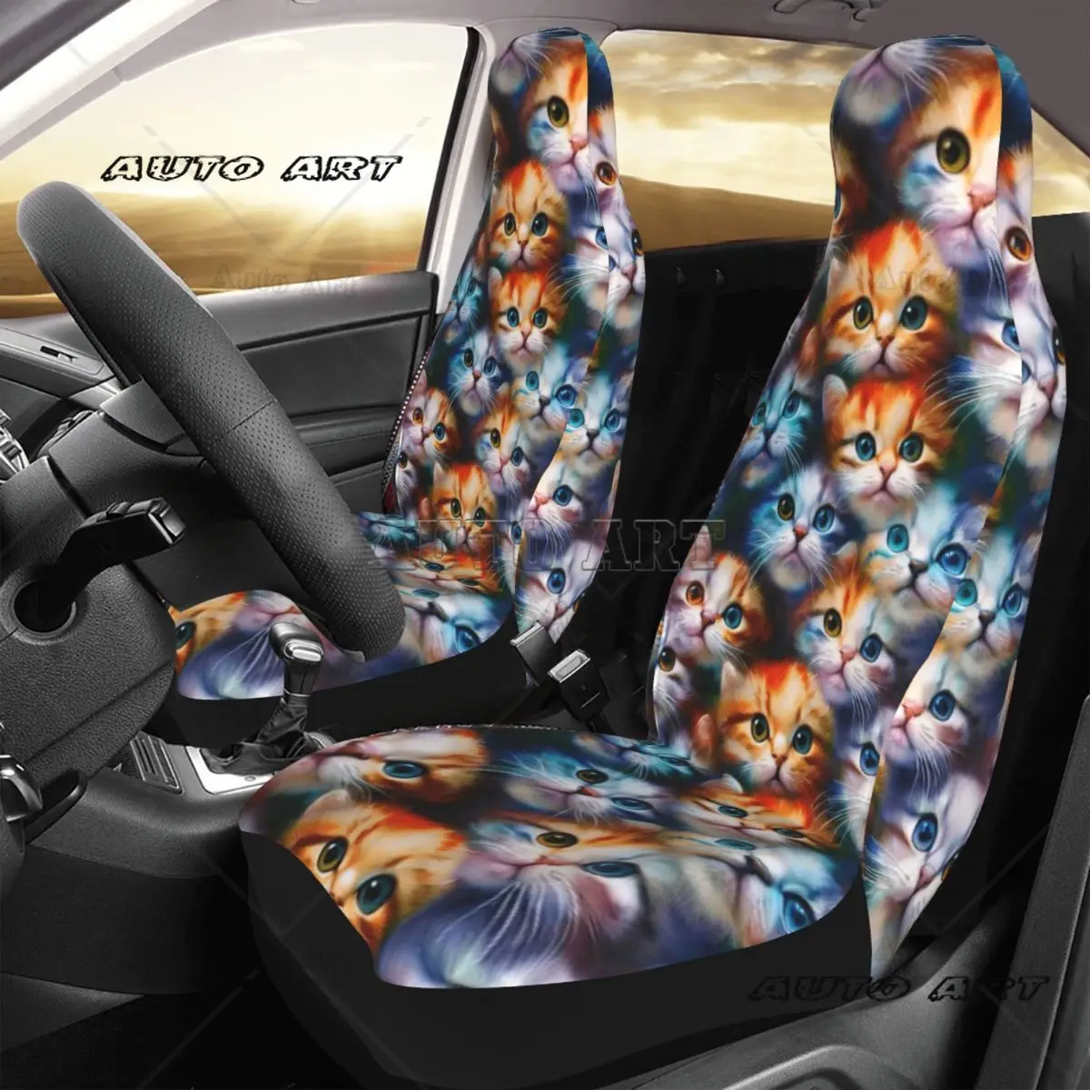 Cute Cat Face Car Seat Cover Custom Printing Universal Front Protector Accessories Cushion Set