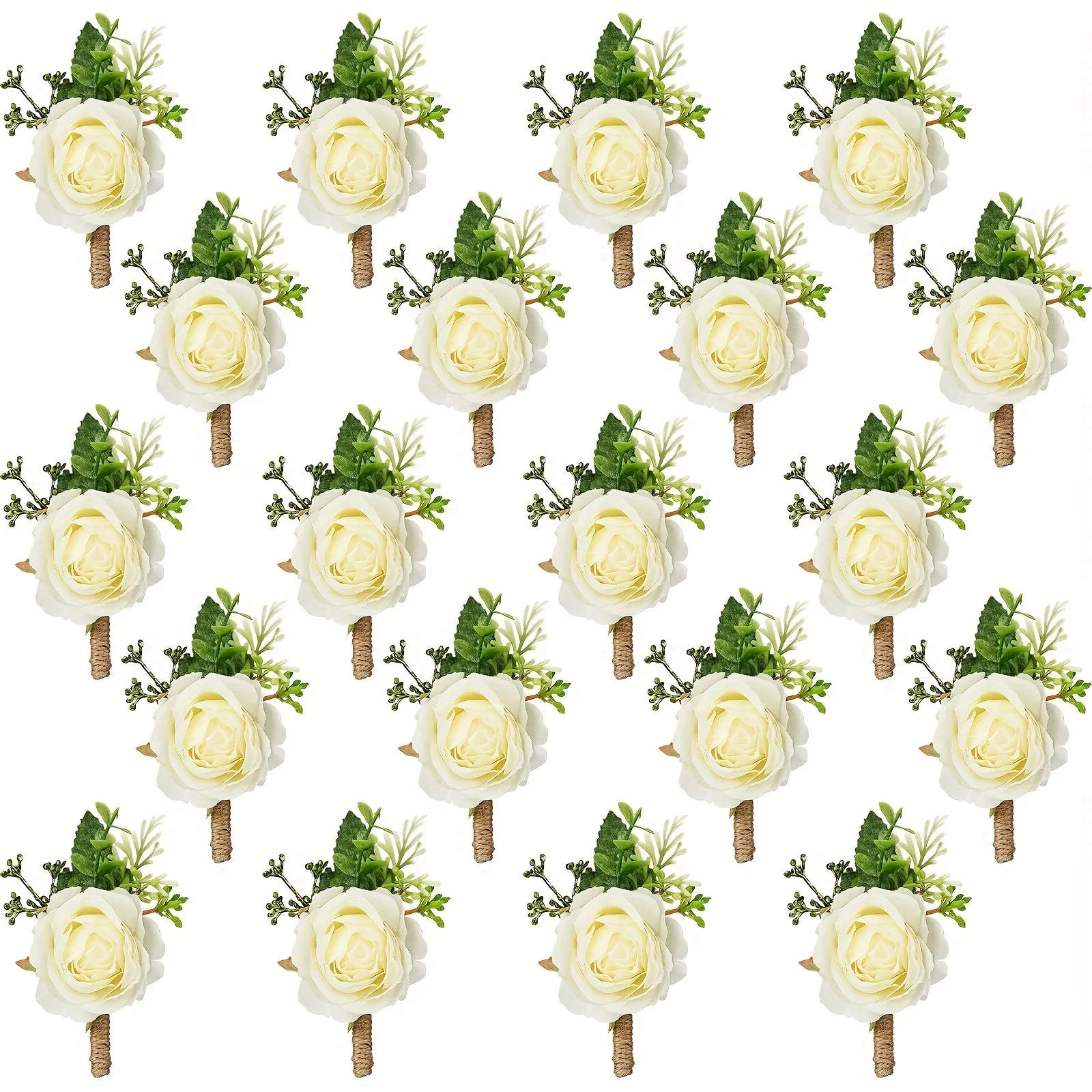 

36pcs Silk Wedding Rose Boutonnieres for Men - Artificial Faux White Roses with Greenery, Rustic Groom & Groomsmen Corsage