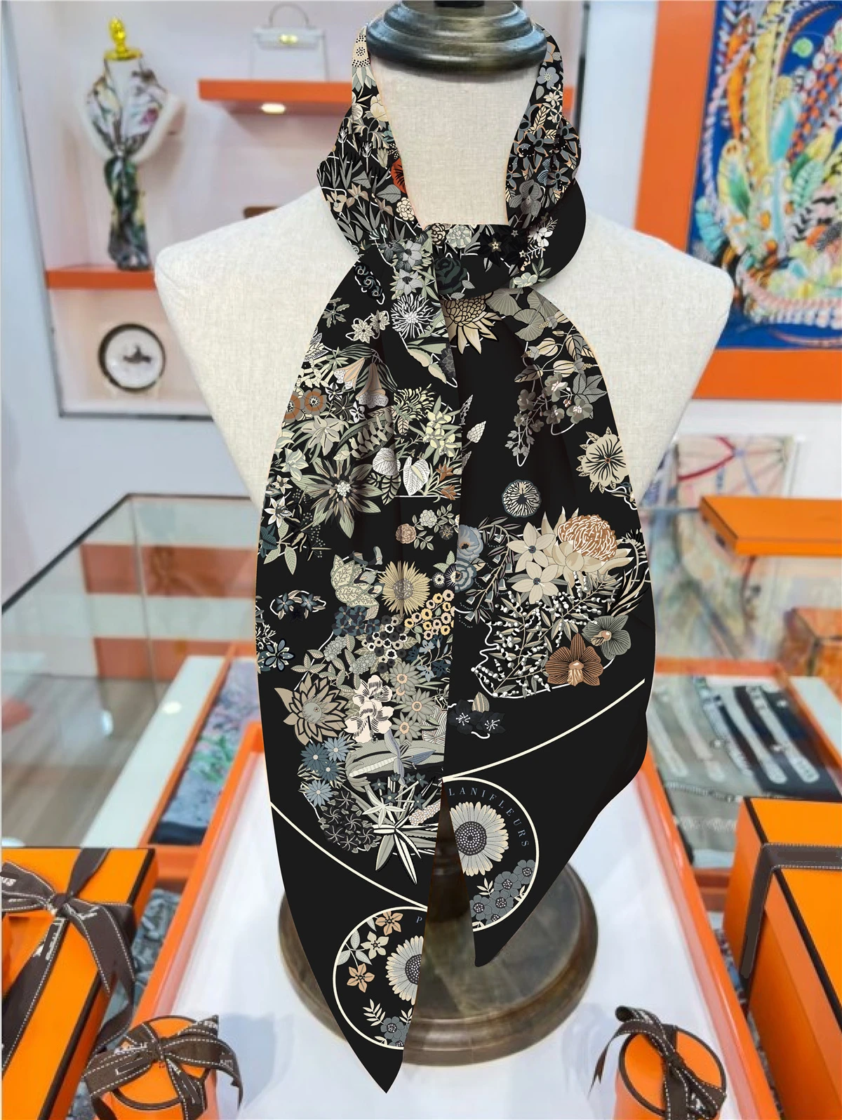 90cm Disc-shaped Flower Brand Square Scarf Women Twill Silk Scarf Shawl Hijab Luxury Bandana Foulard Neckerchief Head Scarf