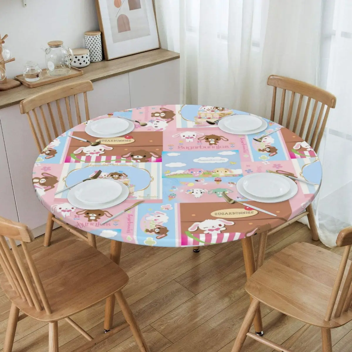 

Custom Round Fitted Disney Sugarbunnies Sanrio Japan Anime Table Cloth Oilproof Tablecloth Table Cover Backed with Elastic Edge