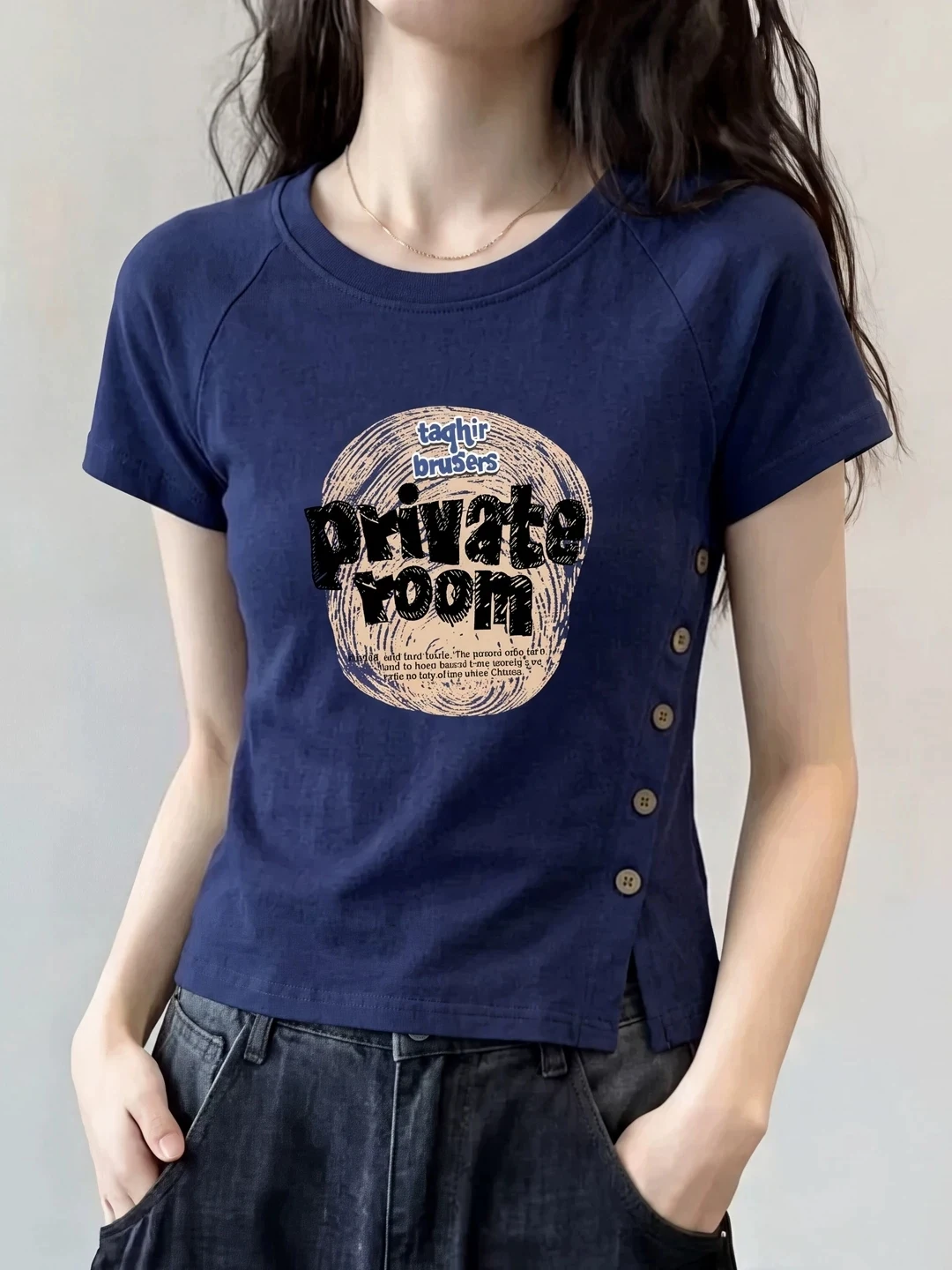 Slim Fit round Neck Short Sleeve Pure Cotton T-Shirt Women's Summer plus Size Fashionable Design Korean Style Commute Wind