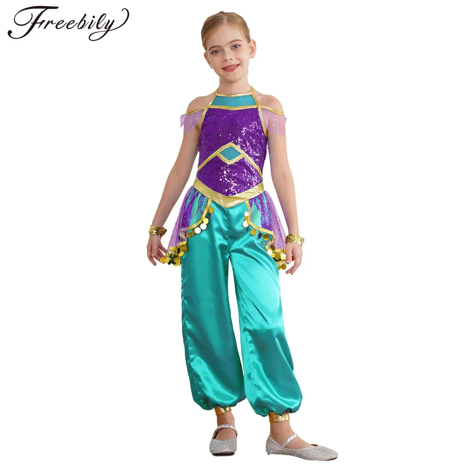 Girl Cosplay Indian Arabian Princess Costume Tulle Sequins Bodysuit Belly Dance Clothes Halloween Dress Up Party Costume