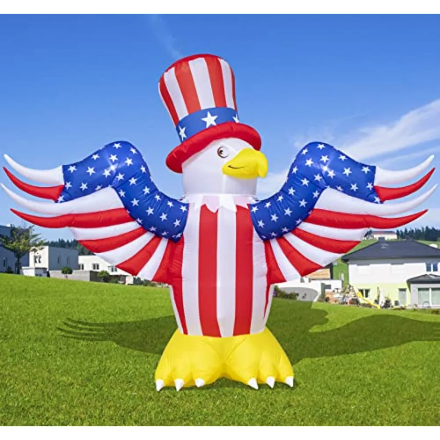 

7 FT 4th of July inflatable decoration, PVC red-white-blue patriotic flying bald eagle with built-in LEDs, weather-resistant fo