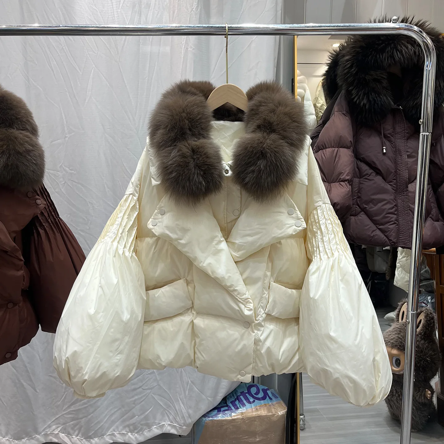 Winter Big Pocket Warm Thick Parker Jacket Female Natural Oversized Fur Collar Loose Down Jacket Women White Duck Down Outwears