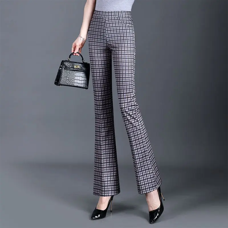 

Grid Printed Slightly Flared Pants Summer Fashion Versatile 2025 New Slim-fit Stretch Women's Trousers