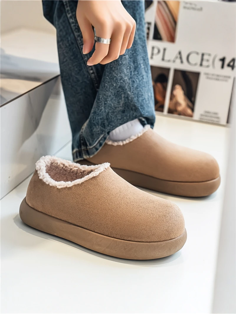 Men's Winter Thickened Fleece Lined Slip-On Cotton Slippers Anti-Cold Casual Wear Outdoor Slip-Resistant Toe Cover Cotton Sli...