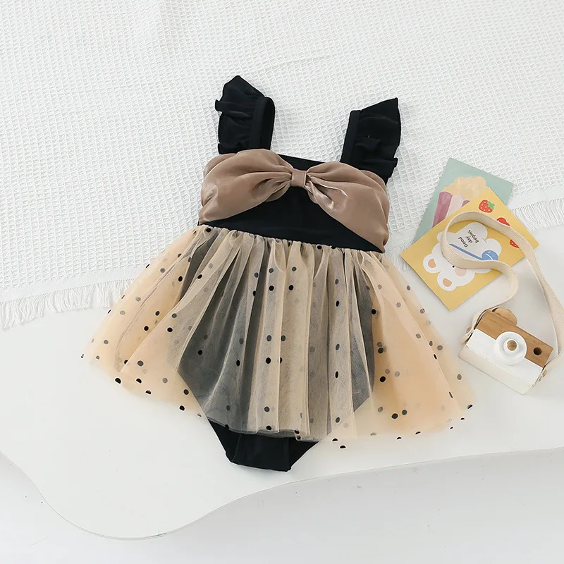 Children's Swimwear Fairy Dress One Piece Swimsuit Beach Hot Spring Mesh Polka Dot Children's Catwalk Fashionable Sweet Gauze Sk