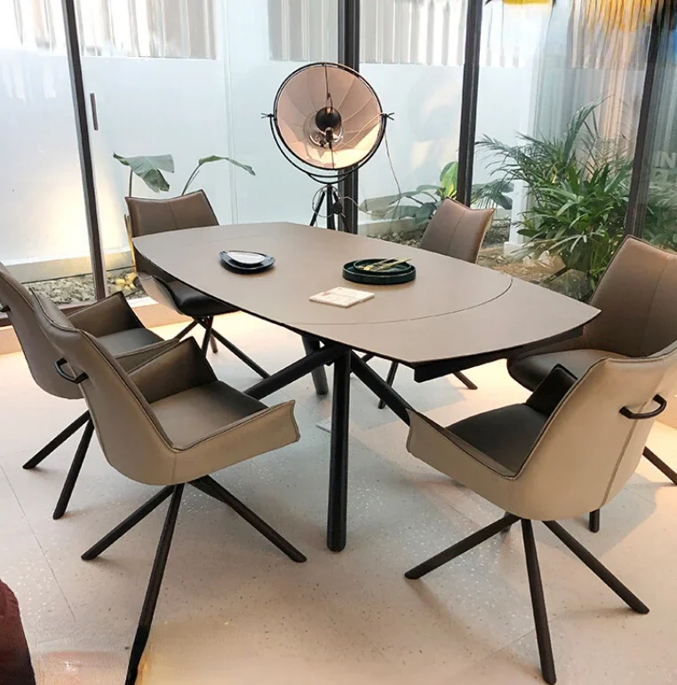 Kalai Rock Plate Telescopic Dining Table Elliptically Rotating Dining Table and Chair Combination