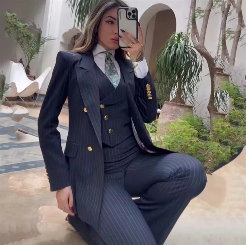 Fashion Navy Blue Striped Women Suit 3 Pcs Female Clothing Slim Fit Formal Office Lady Blazer Set (Jacket+Vest+Pants)