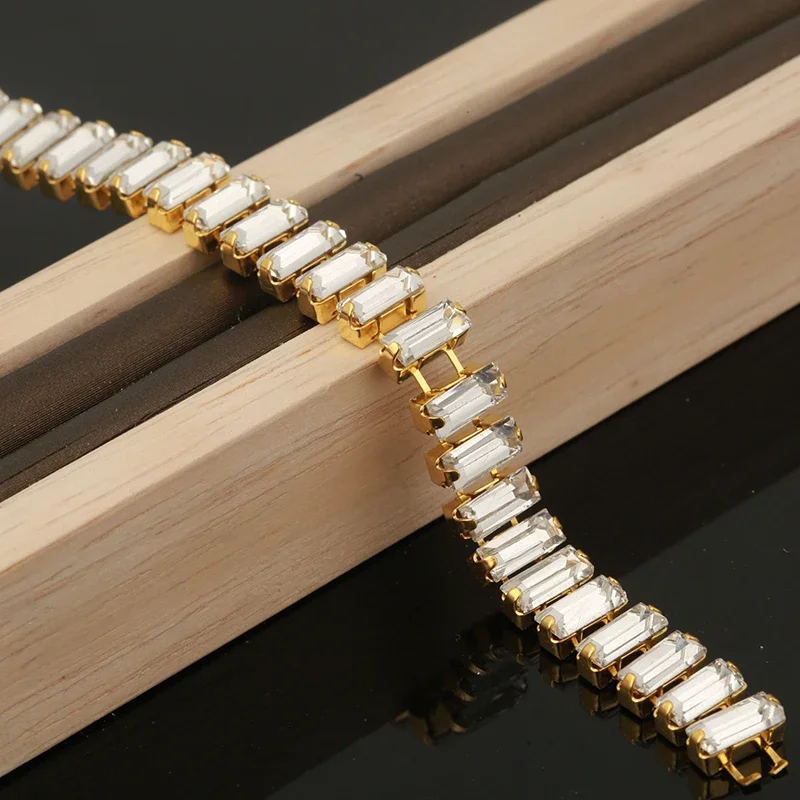 PEESOM 3x7mm Rectangle Crystal Rhinestone Chain Trim Sliver/Gold Claw Clear Glass Baguette Chain Diy Wedding Dress Sew on Trim