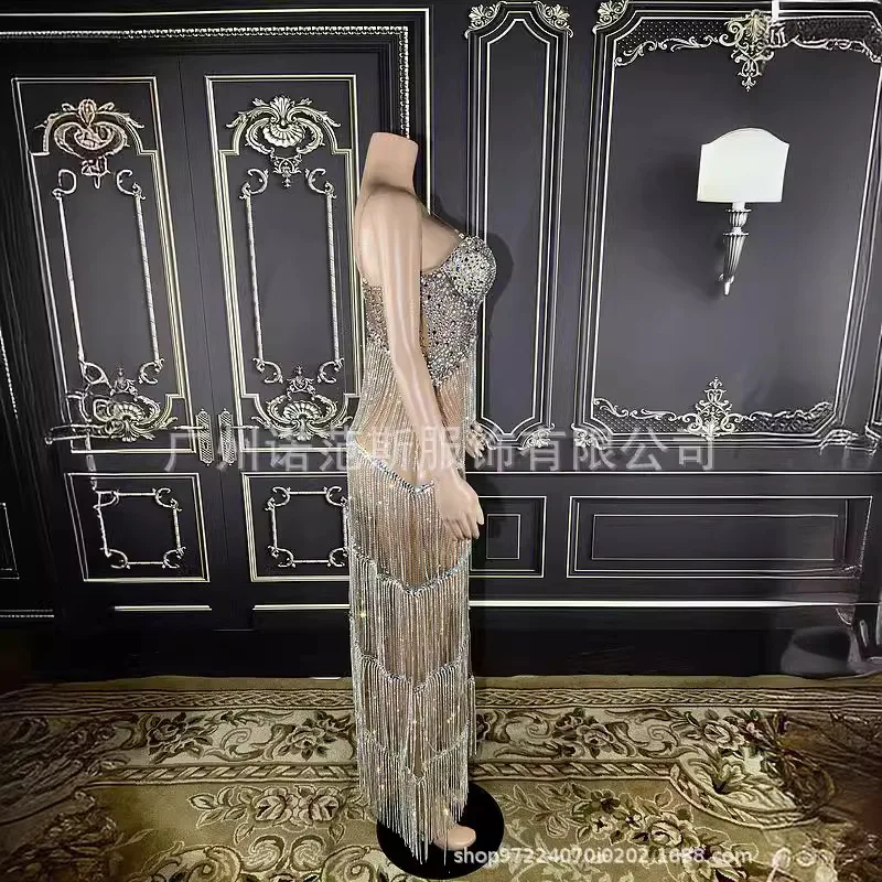 Kostuum Bloem Streep Gouden Kwastje Mouwloze Lange Panty Jurk - Sexy Voor Catwalk Gastheer Zanger & Model Body Transparente Flecos