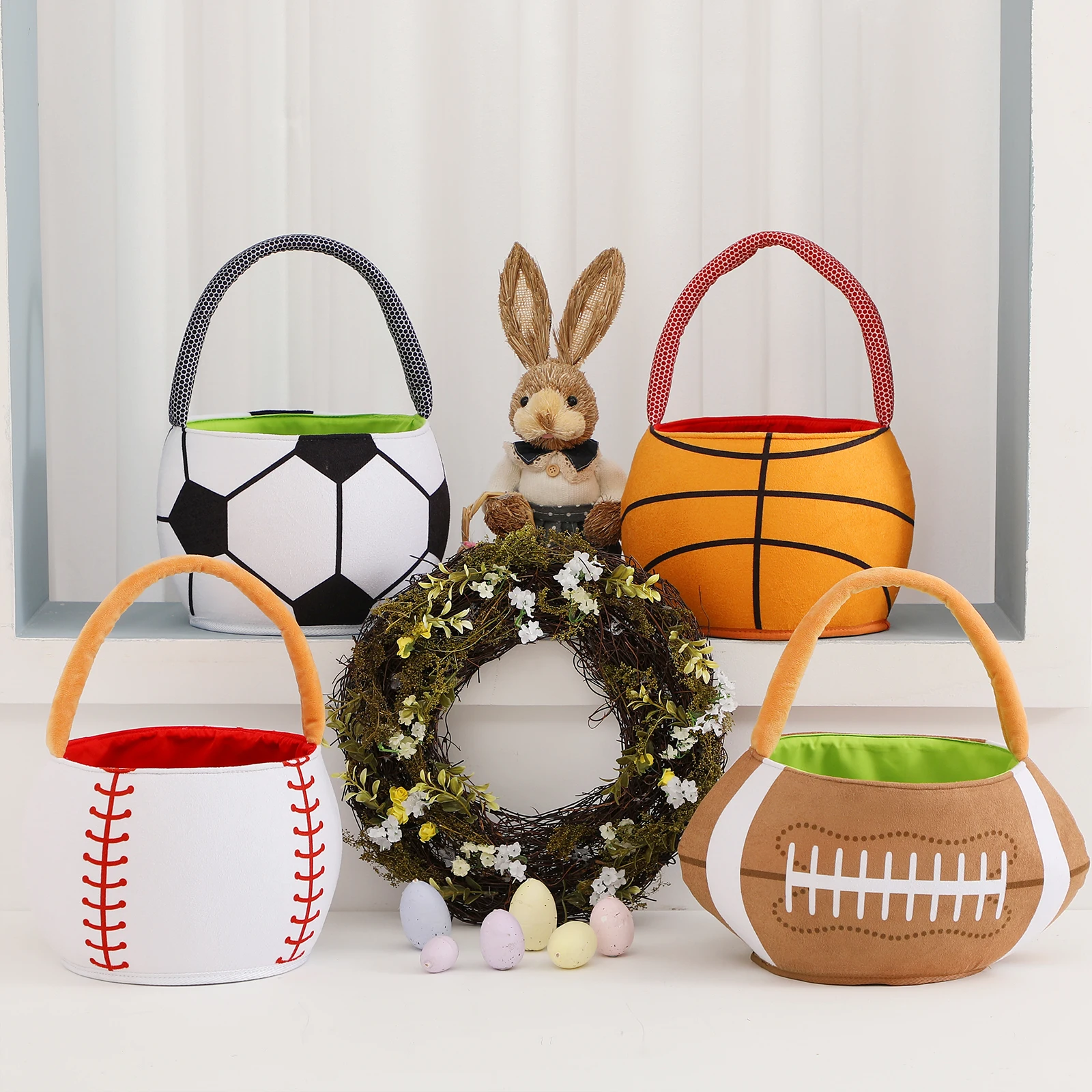 Sports Easter Bucket Football Basket Velvet Egg Hunt Party Gift Bag Basketball Kid Boy Candy Snack Halloween Trick Treat Handbag