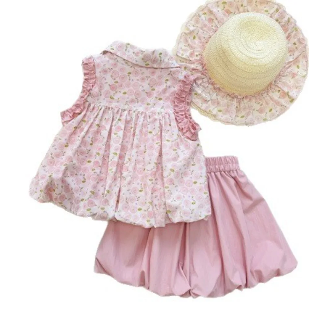 

New Arrival Toddler Girl Korean Style Blossom Printed Camisole, Elasticated Bud Harem Pants, Kids Sweet Summer Two Piece Suit
