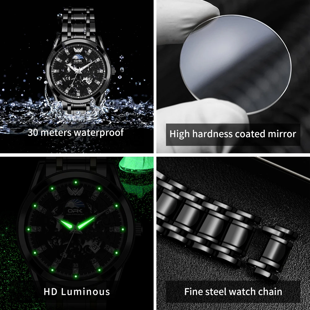 OPK 브랜드 야광 방수 달력 스틸 밴드 남성용 쿼츠 시계 8149