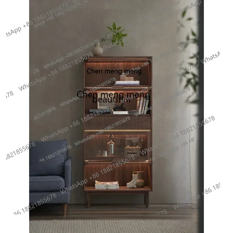 cn8617 LHY New Arrivals Solid Wood Bookcase Black Walnut Storage Cabinet Dustproof Glass Wine Cabinet Flip-Door Bookshelf Displa