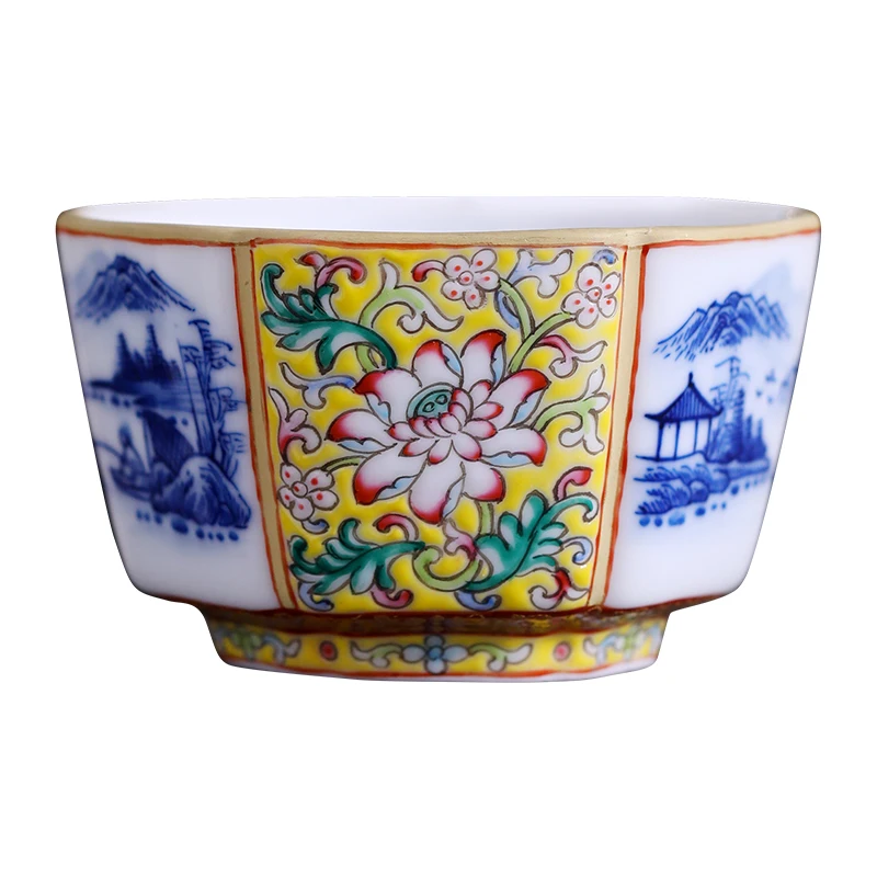 Zhongjia Kiln Kung Fu Tea Cup Hand-painted Blue And White Landscape Enamel Colorful Entangled Branch Lotus Pattern Liufangshan